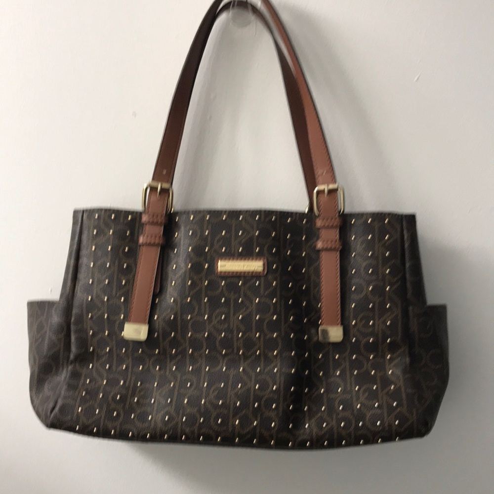 Calvin Klein Brown and Gold Shoulder Bag with Textured Finish